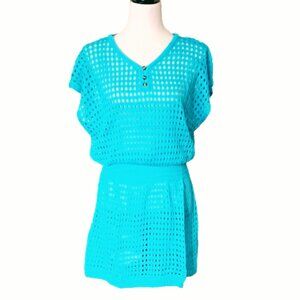 Aolro Swimsuit Crochet Coverup M Teal Short Sleeve V Neck Beach Dress Stretch